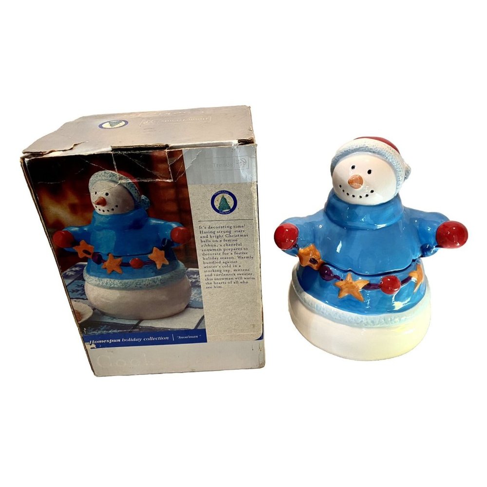Vintage Homespun Holiday Snowman Cookie Jar 10 inch Was on display not used